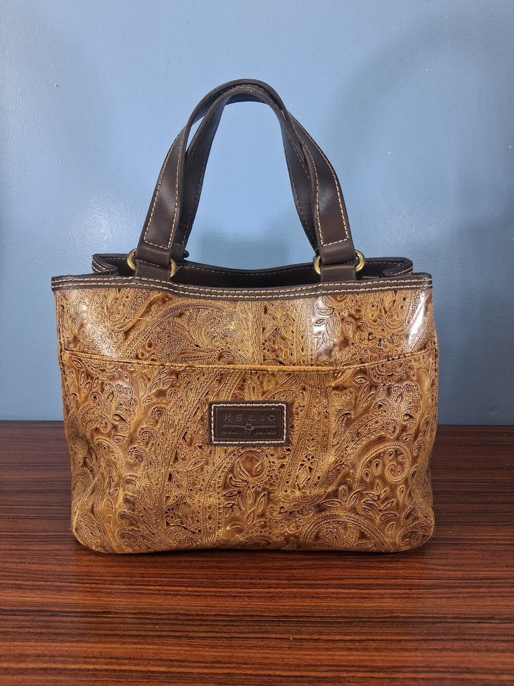 Relic Womens Brown Embossed Paisley Satchel Top Handle Bag Double Handles
